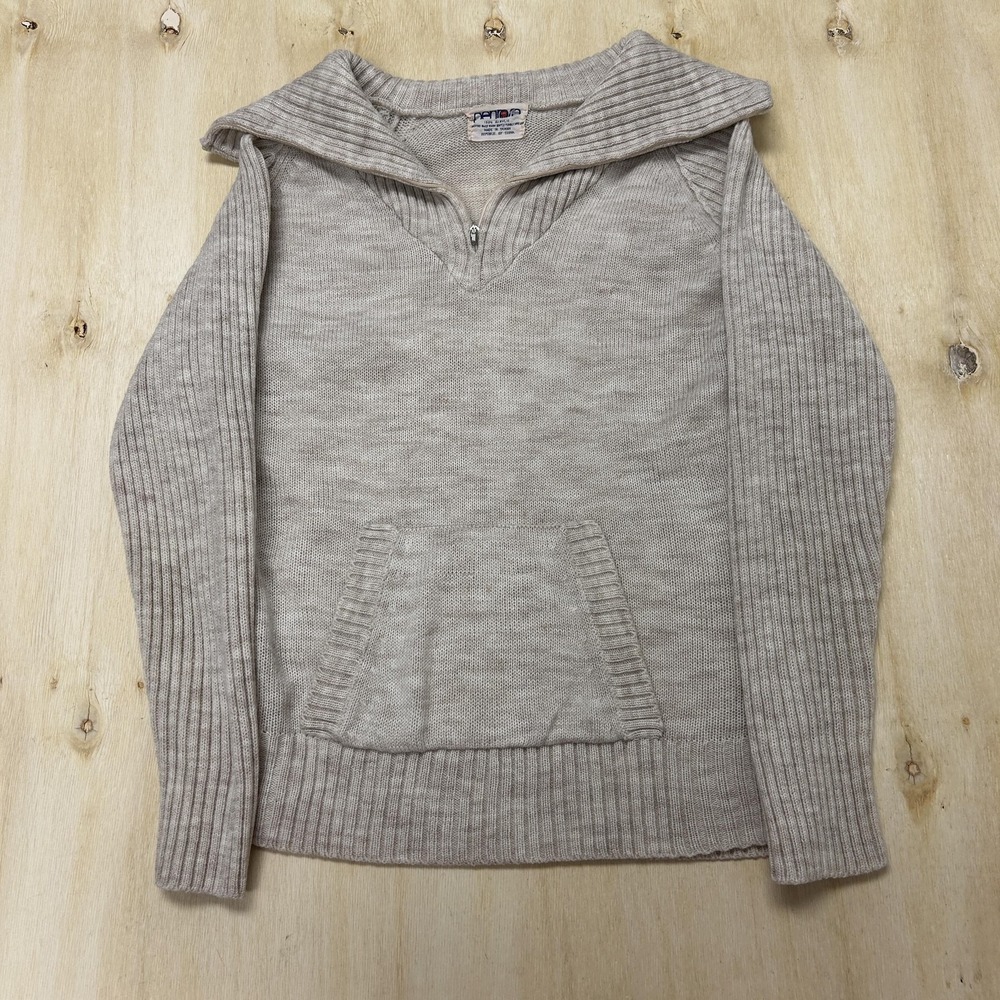 Vintage 80s Penrose Sweater Womens M Beige Collared 1/4 Zip Raglan Knit Pullover